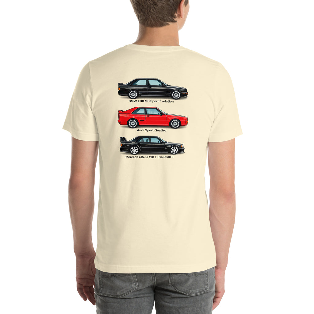 Model wearing Natural German Motorsport Legends T-shirt showing the three-car back graphic