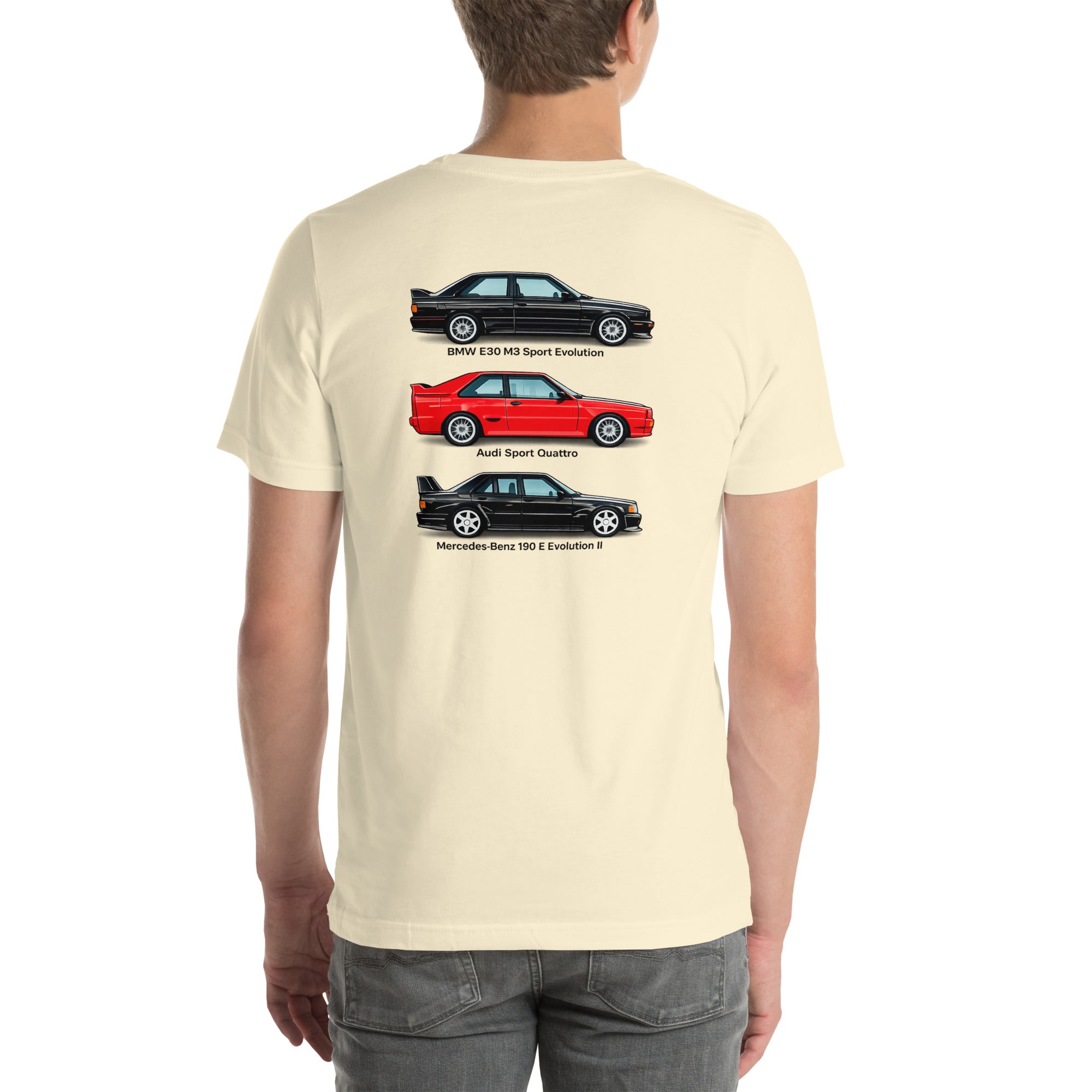 Model wearing Natural German Motorsport Legends T-shirt showing the three-car back graphic