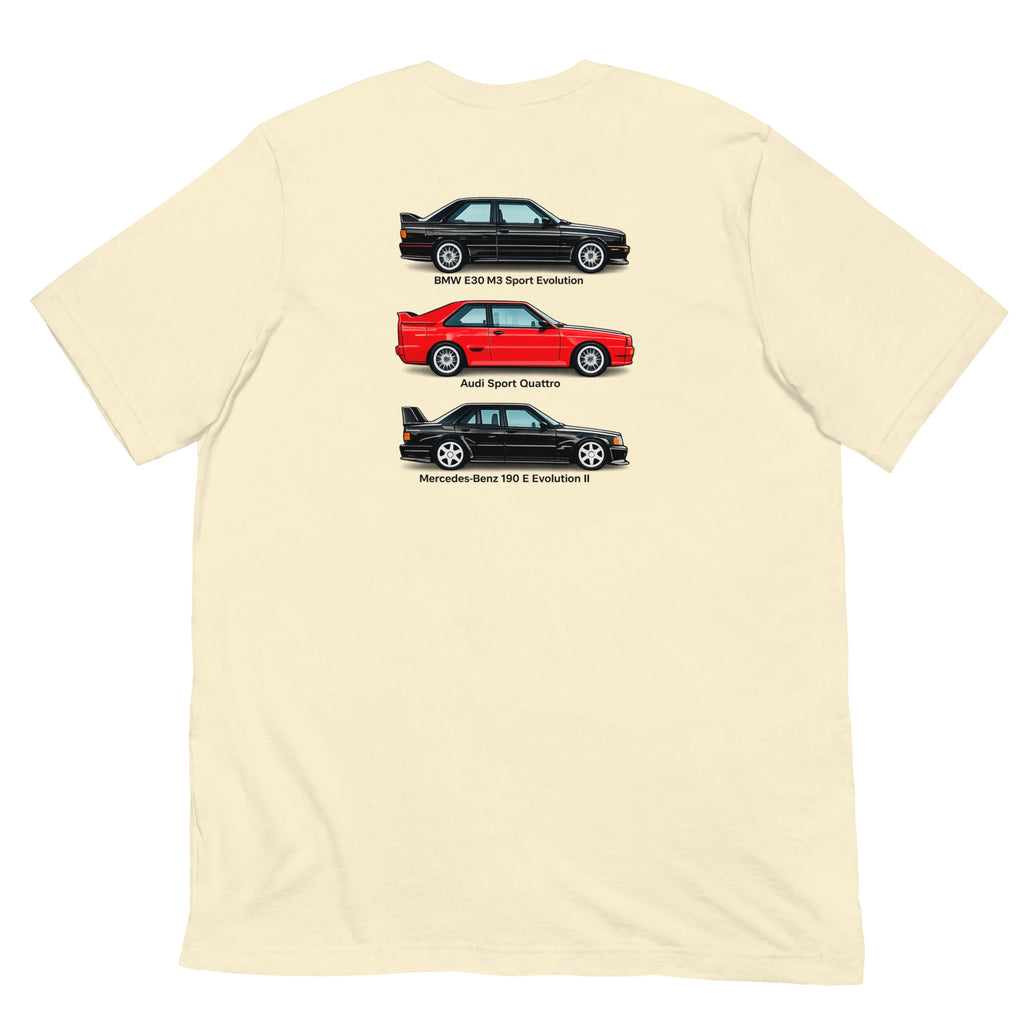 Natural German Motorsport Legends T-shirt with E30 M3, Sport Quattro and 190 E Evo II back print