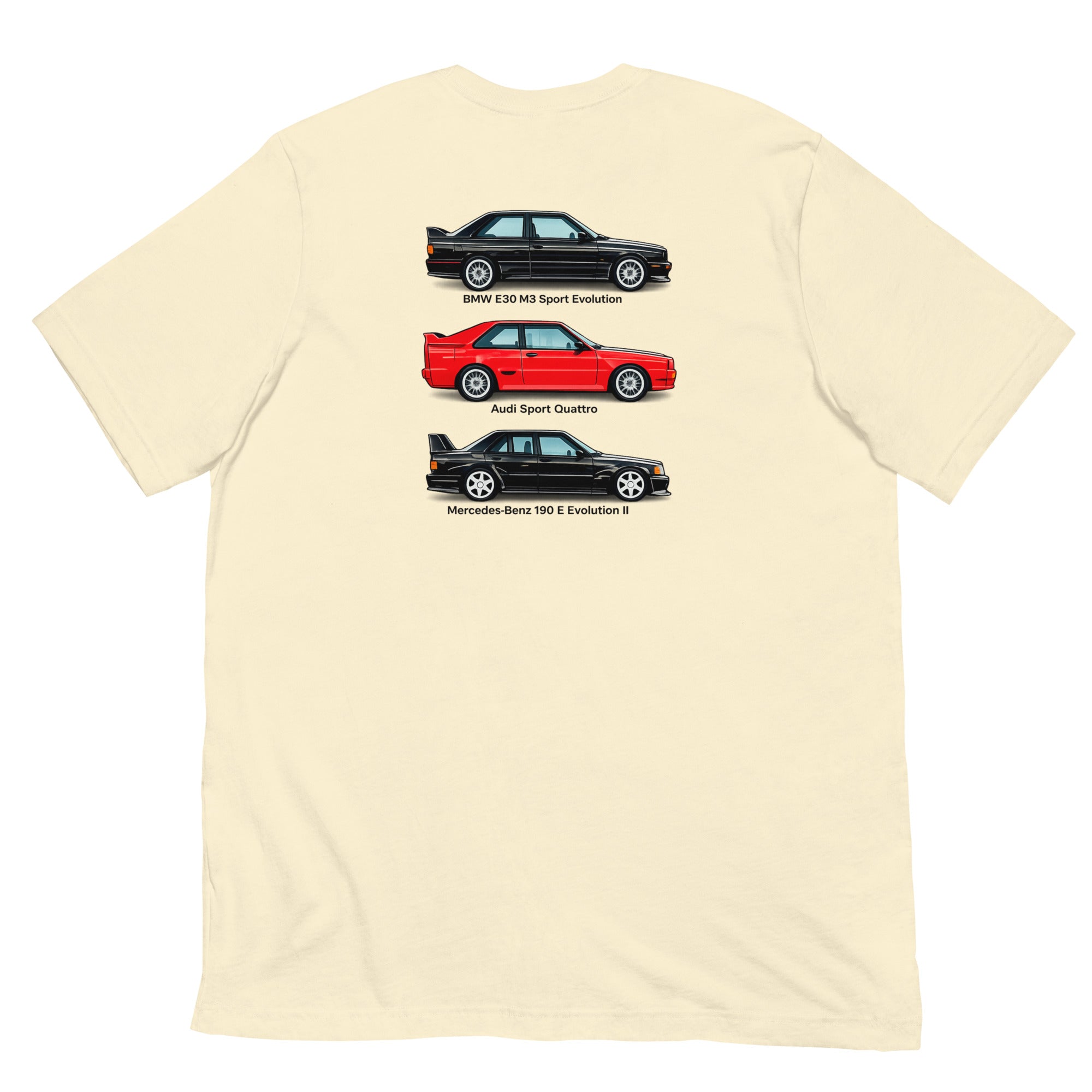 Natural German Motorsport Legends T-shirt with E30 M3, Sport Quattro and 190 E Evo II back print