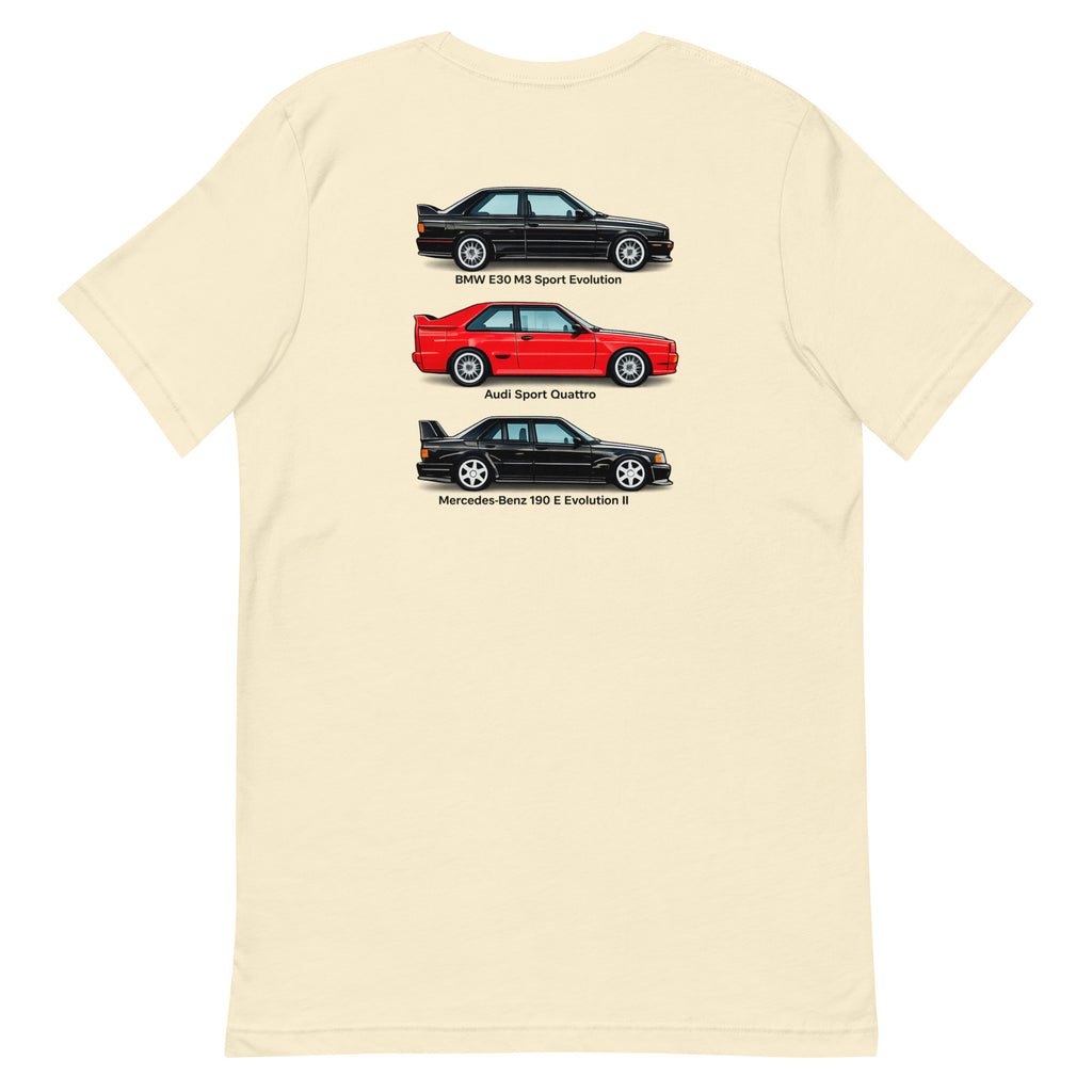 Natural German Motorsport Legends T-shirt rear product view featuring three classic German performance cars