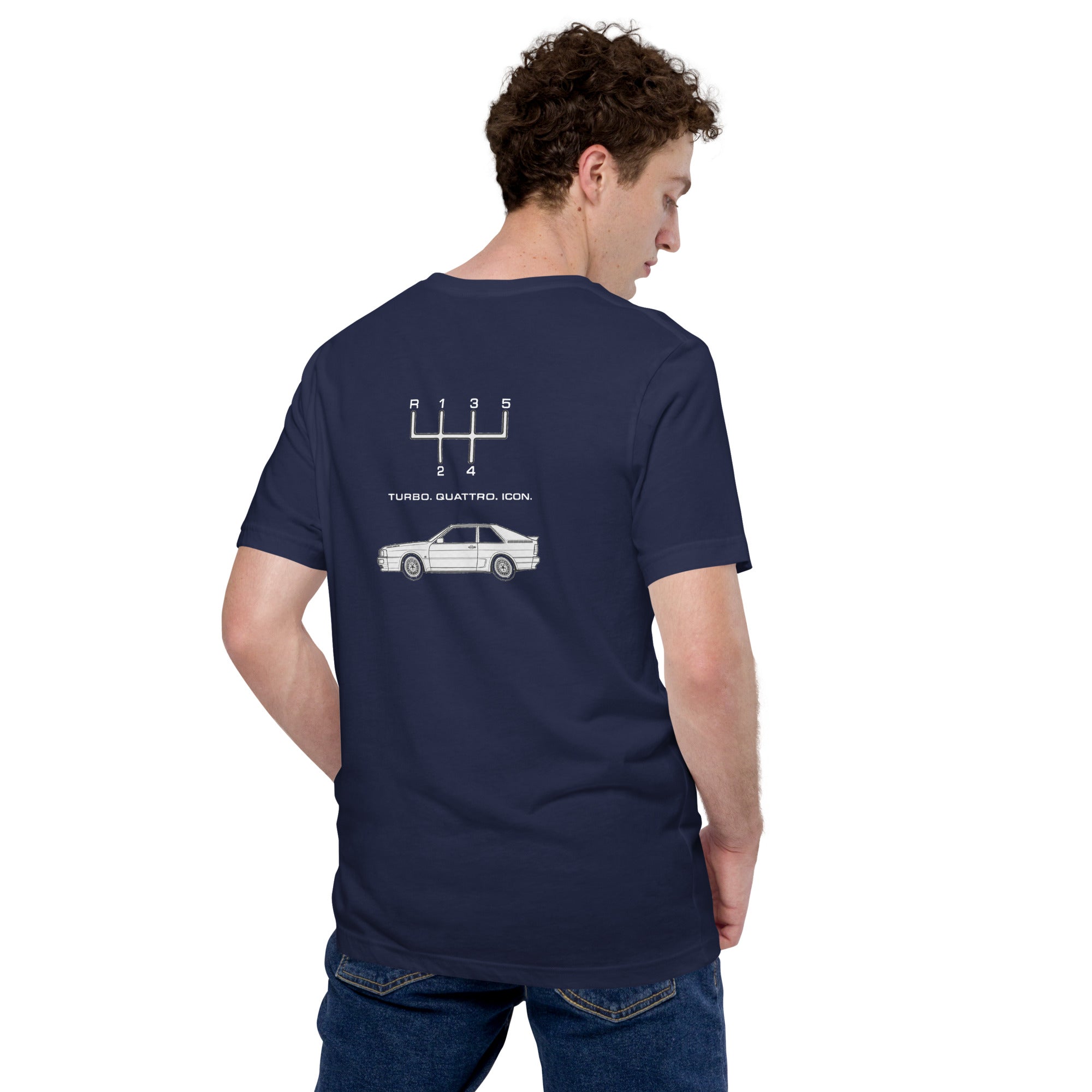 Model wearing Navy Audi Quattro T-shirt showing classic Quattro and 5-speed manual shift pattern back graphic