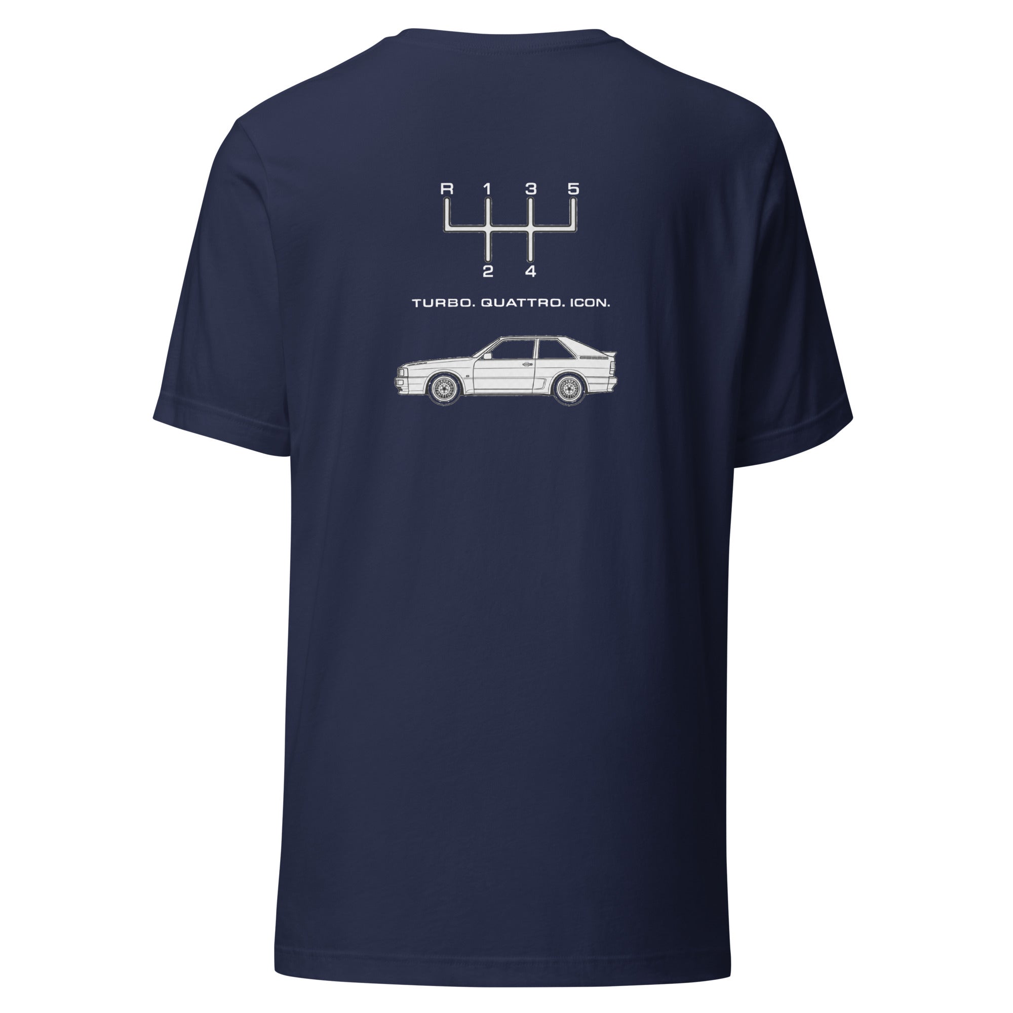 Navy Audi Quattro T-shirt with Turbo Quattro Icon automotive back graphic