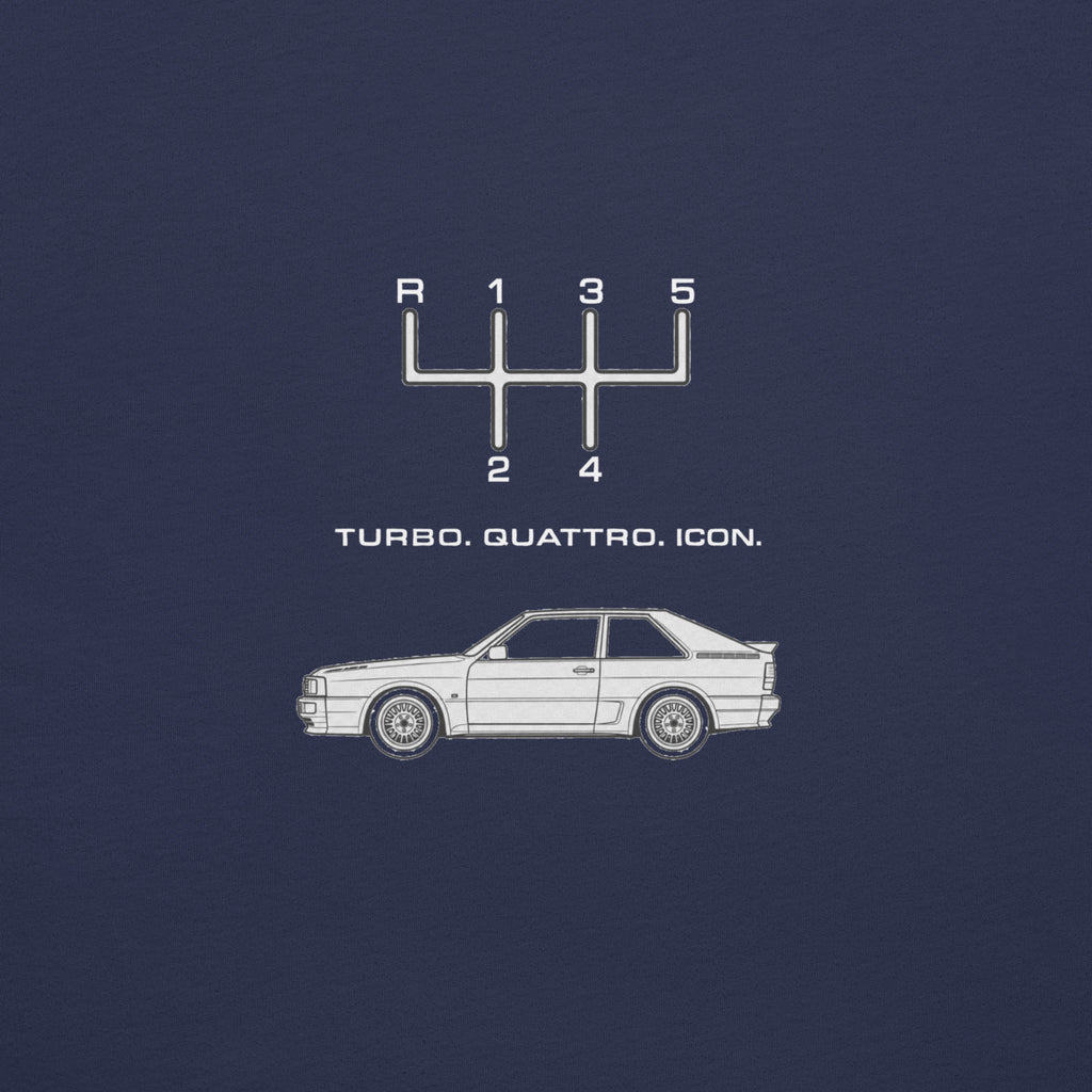 Close-up of Navy Audi Quattro T-shirt back graphic with 5-speed shift pattern, Quattro silhouette and Turbo Quattro Icon text