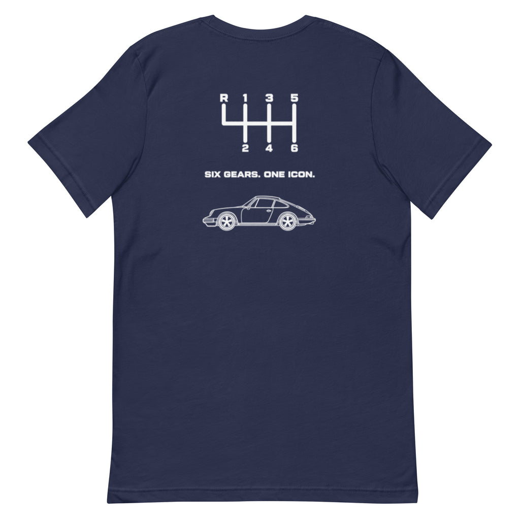 Navy Porsche 911 T-shirt with Six Gears One Icon manual transmission back graphic