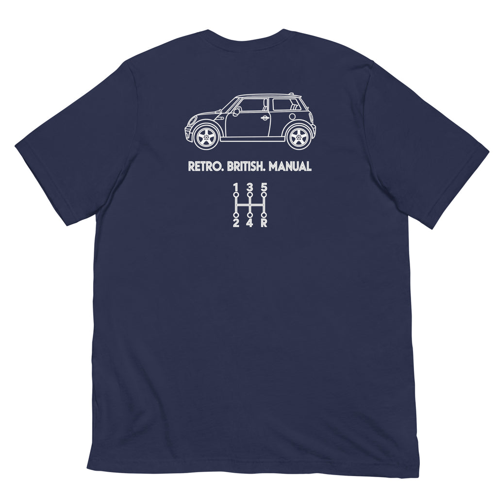 Navy Mini Cooper manual T-shirt with white Retro British Manual back print