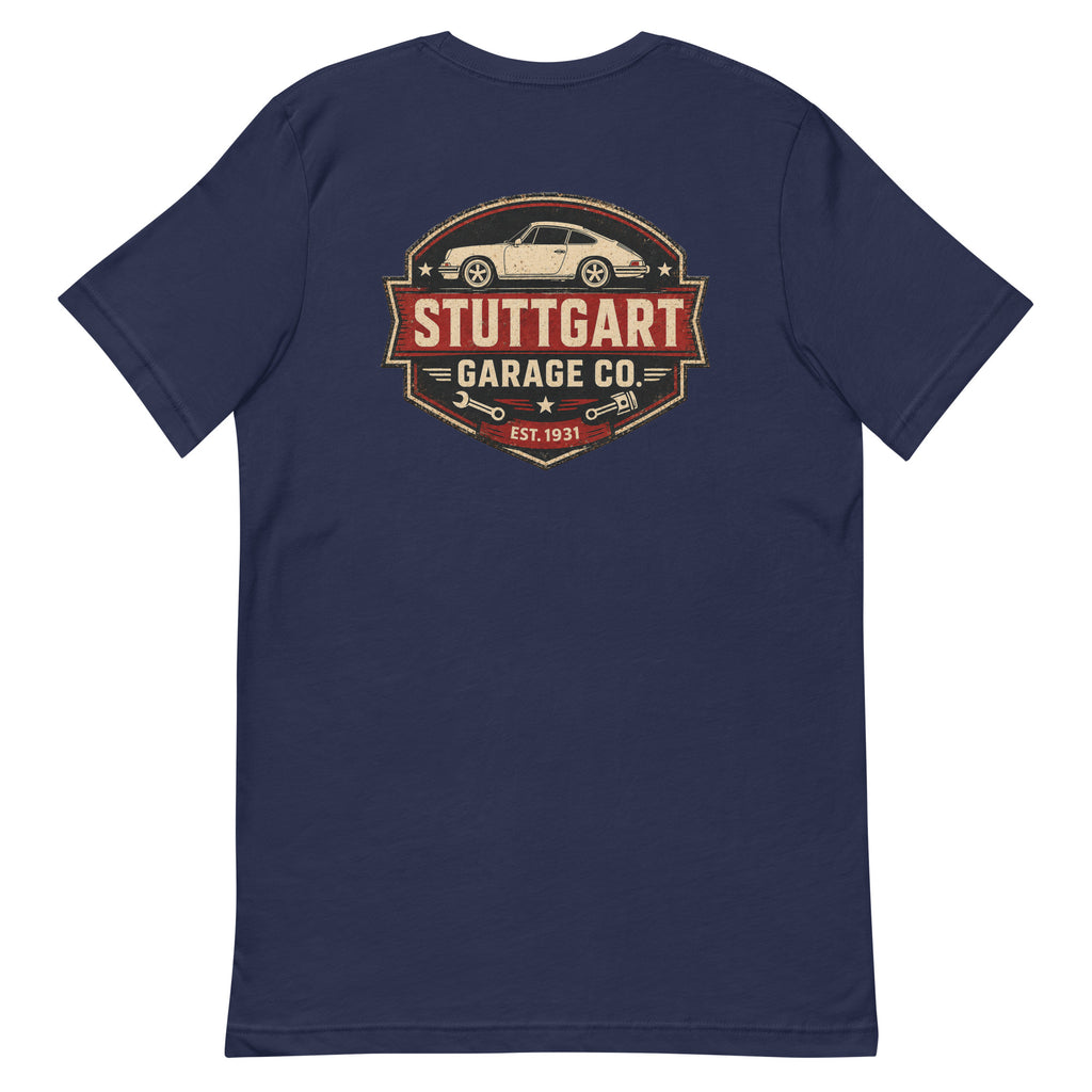 Navy Stuttgart Garage Co. T-shirt showing the vintage back print