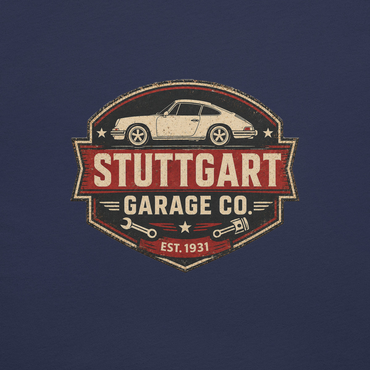 Close-up of Stuttgart Garage Co. vintage automotive artwork with classic rear-engine sports car