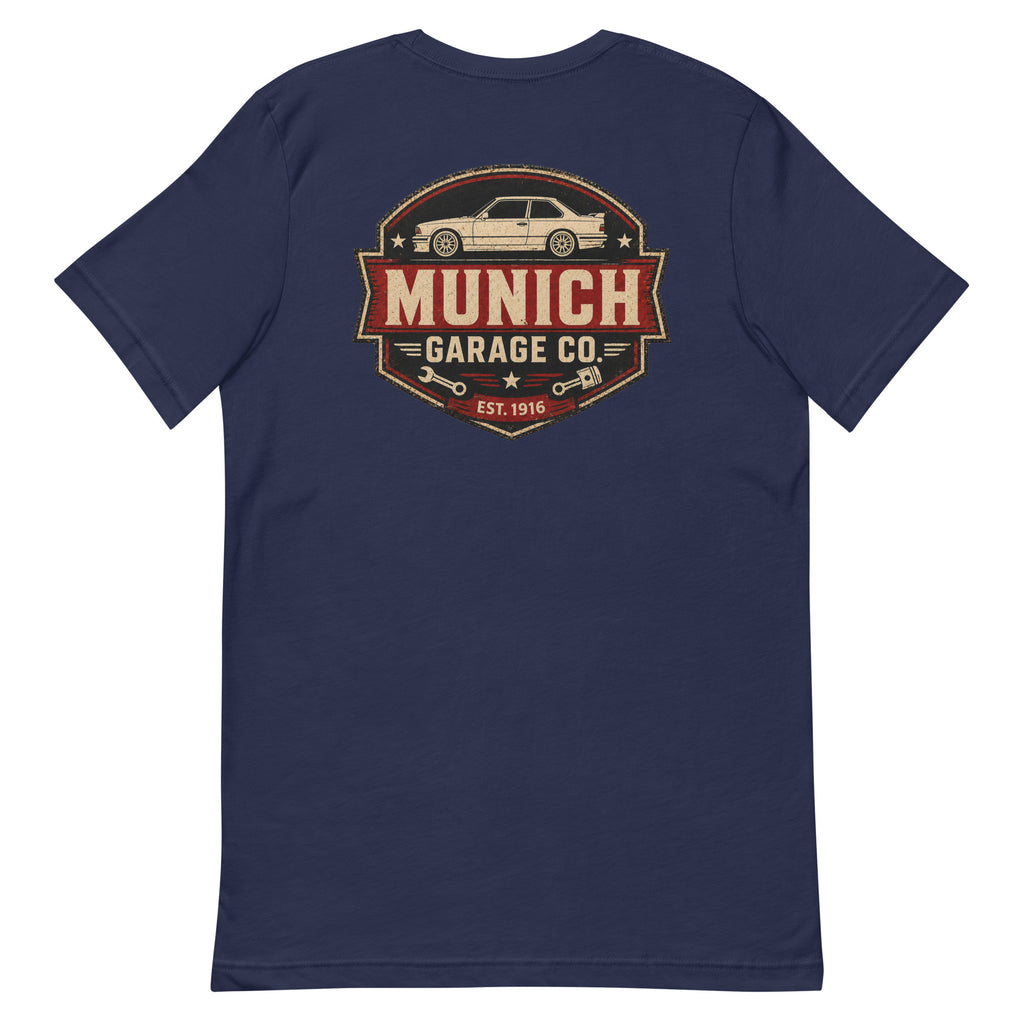 Back-view flat lay of navy Munich Garage Co. T-shirt with large vintage-inspired rear print.