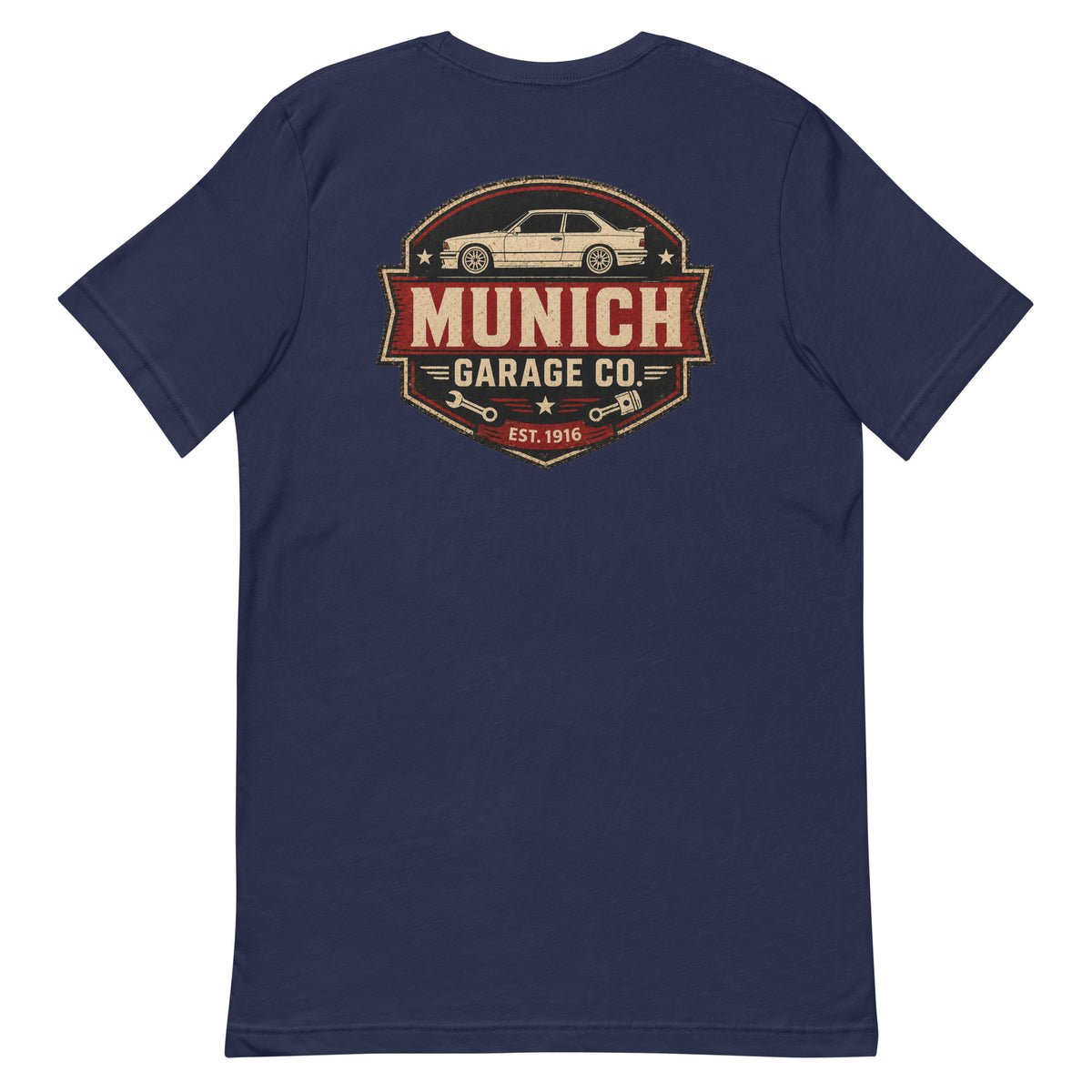 Back-view flat lay of navy Munich Garage Co. T-shirt with large vintage-inspired rear print.