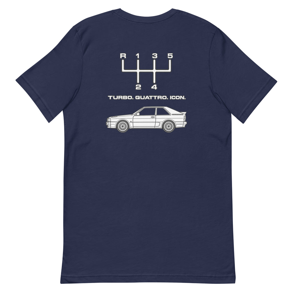 Navy Audi Quattro Turbo Icon T-shirt showing the white rear graphic with five-speed shift pattern and classic coupe