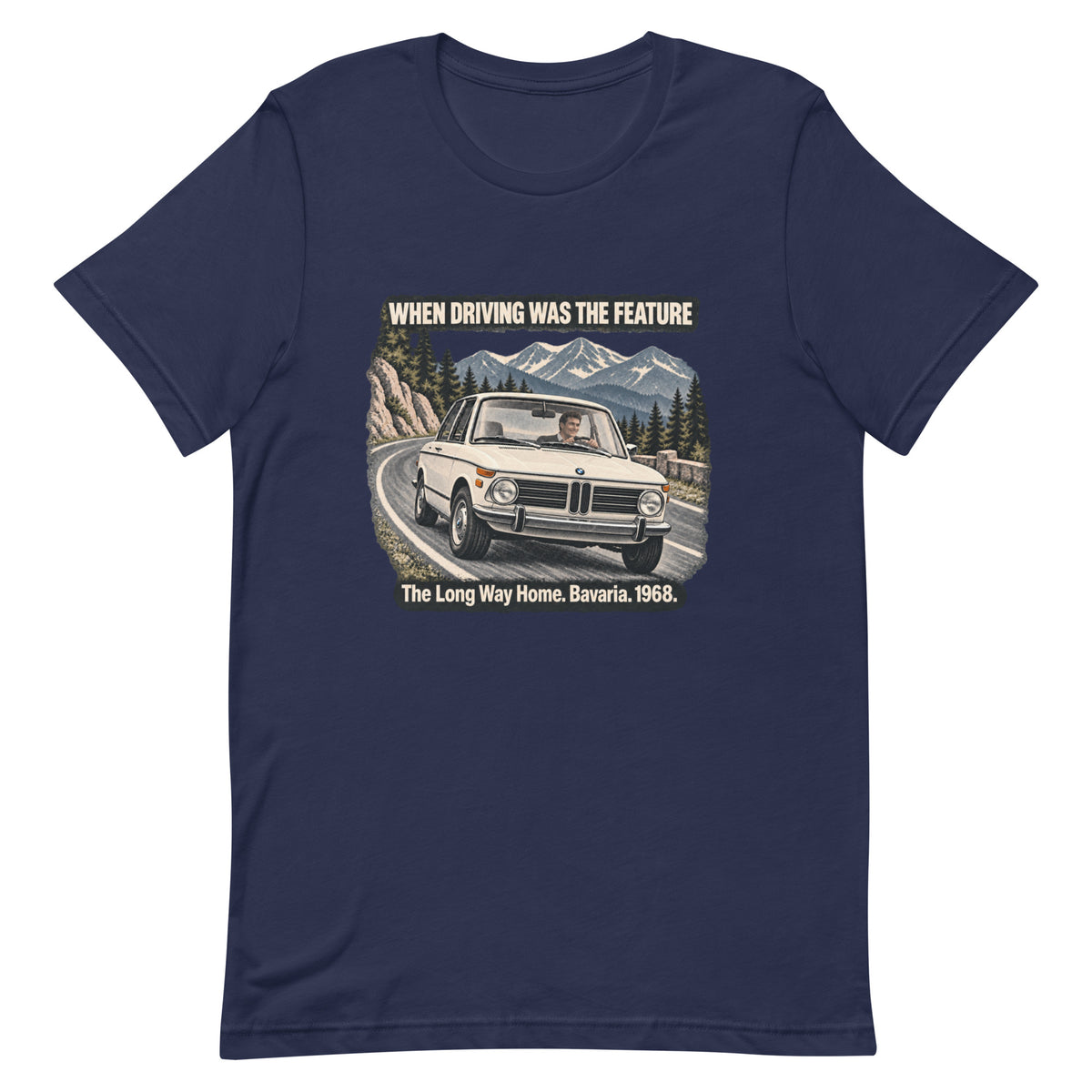 Navy BMW 2002 T-shirt with vintage mountain road artwork