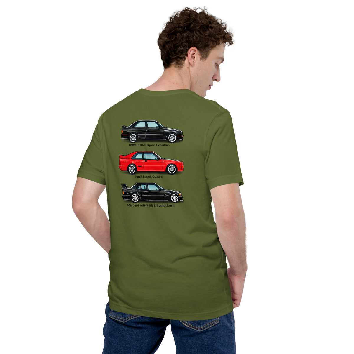 Olive German Motorsport Legends T-shirt rear view showing German performance car back print