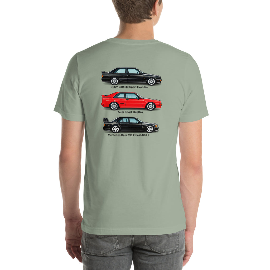 Model wearing Sage German Motorsport Legends T-shirt showing E30 M3, Quattro and 190 E back design