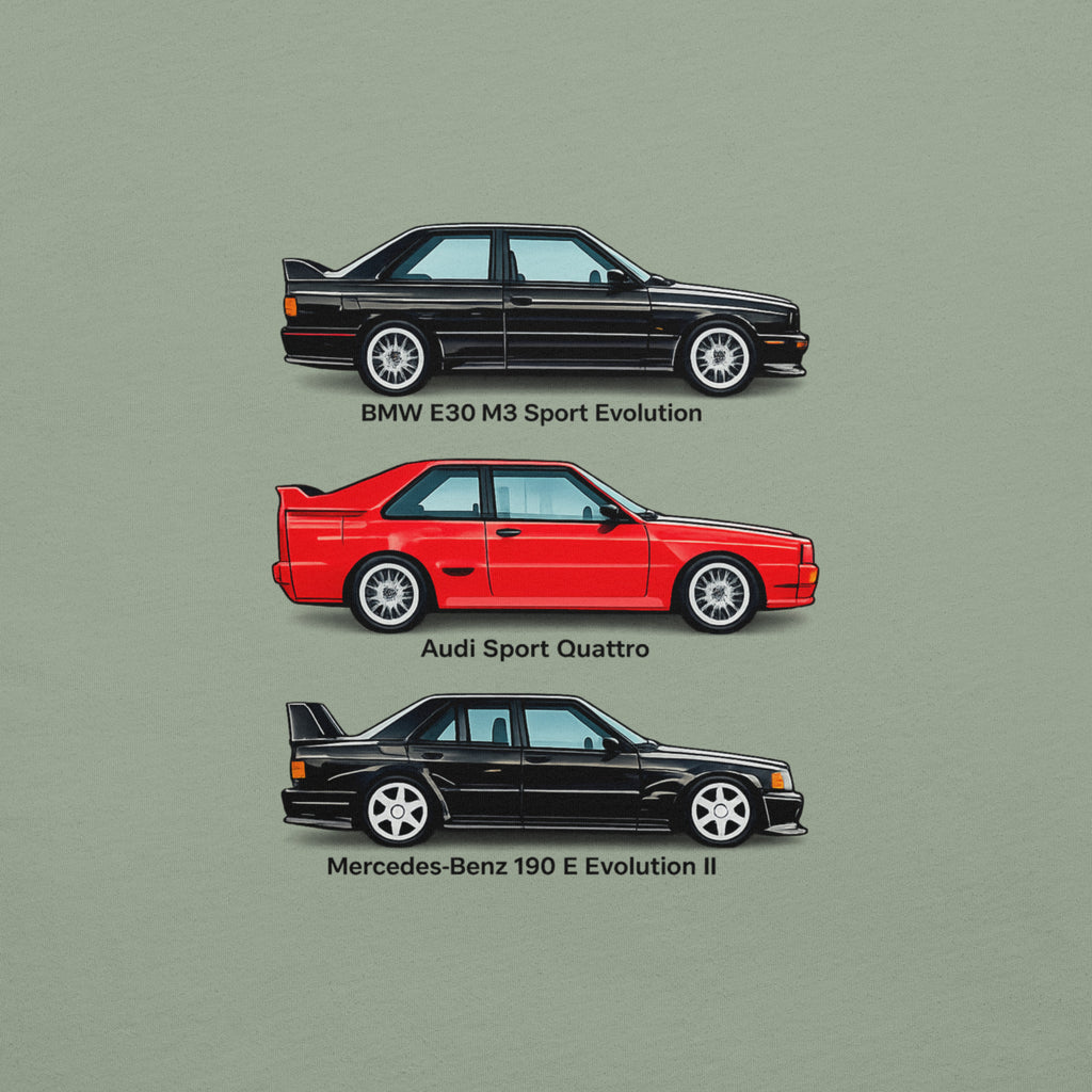 Close-up of the three-car German Motorsport Legends graphic on the back of a sage T-shirt