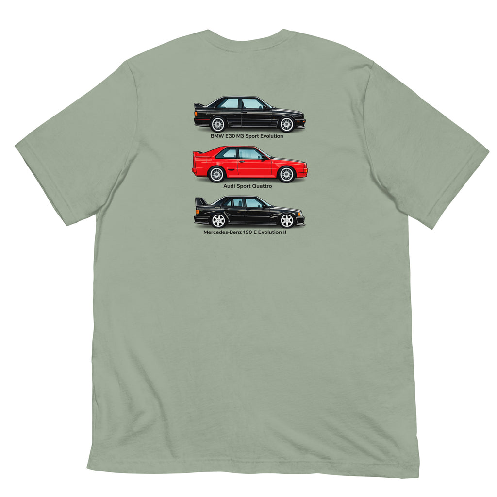 Sage German Motorsport Legends T-shirt with BMW, Audi and Mercedes homologation-era back design
