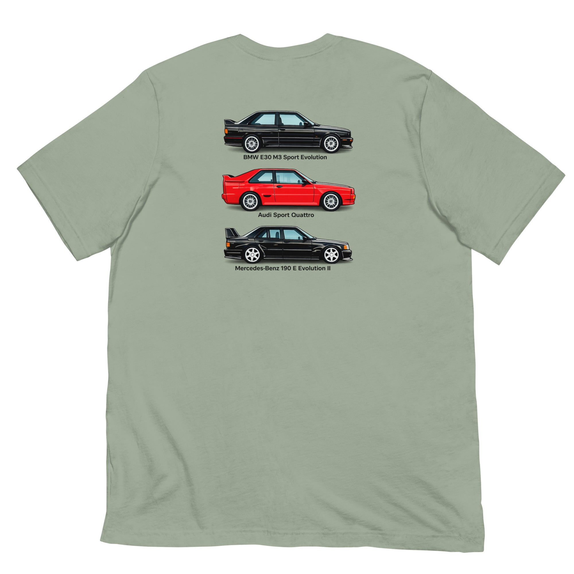 Sage German Motorsport Legends T-shirt with BMW, Audi and Mercedes homologation-era back design
