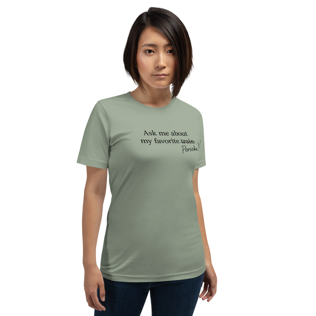 Female model wearing Sage Porsches Not Trains T-shirt