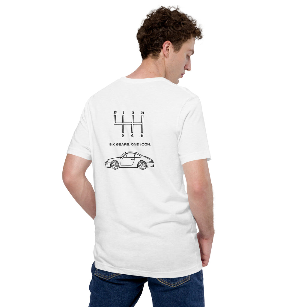 Solid White Blend classic 911 T-shirt showing Six Gears One Icon back print