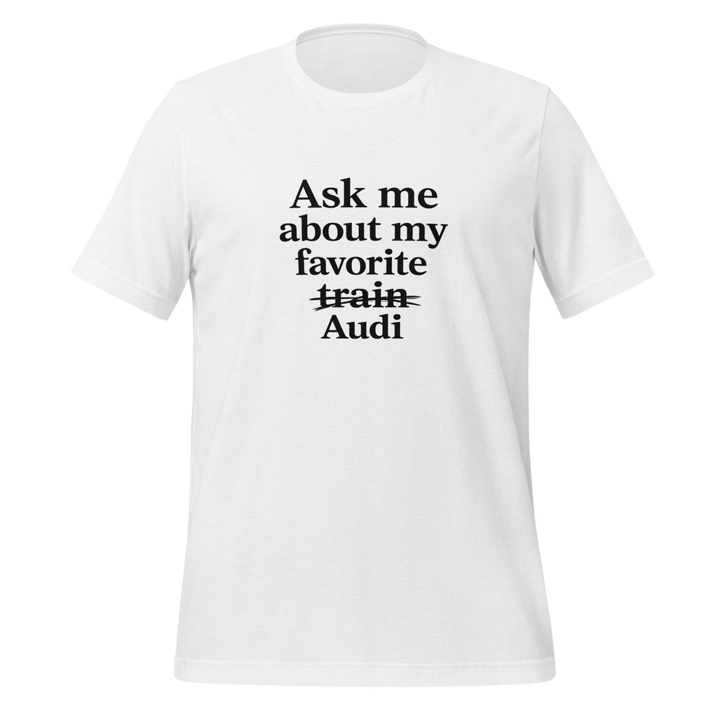 Front view of Solid White Blend funny Audi enthusiast T-shirt showing the crossed-out train typography design