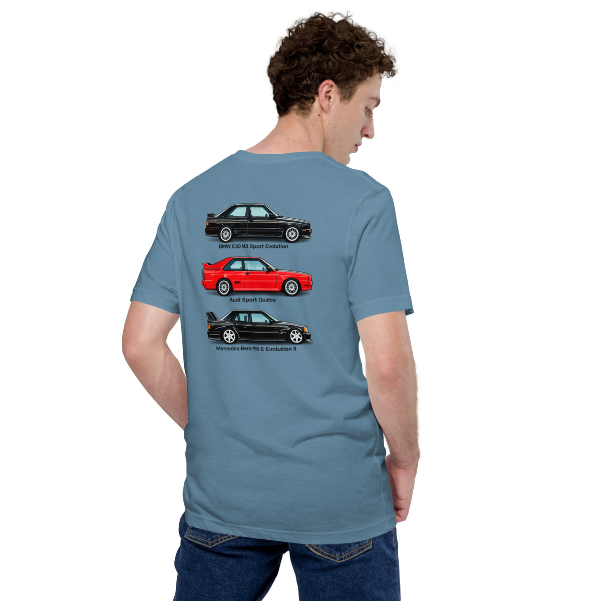 Steel Blue German Motorsport Legends T-shirt rear view with E30 M3, Sport Quattro and 190 E Evo II graphic
