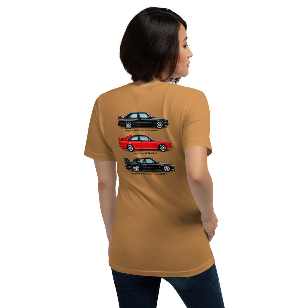 Female model wearing Toast German Motorsport Legends T-shirt with three classic German performance cars on back