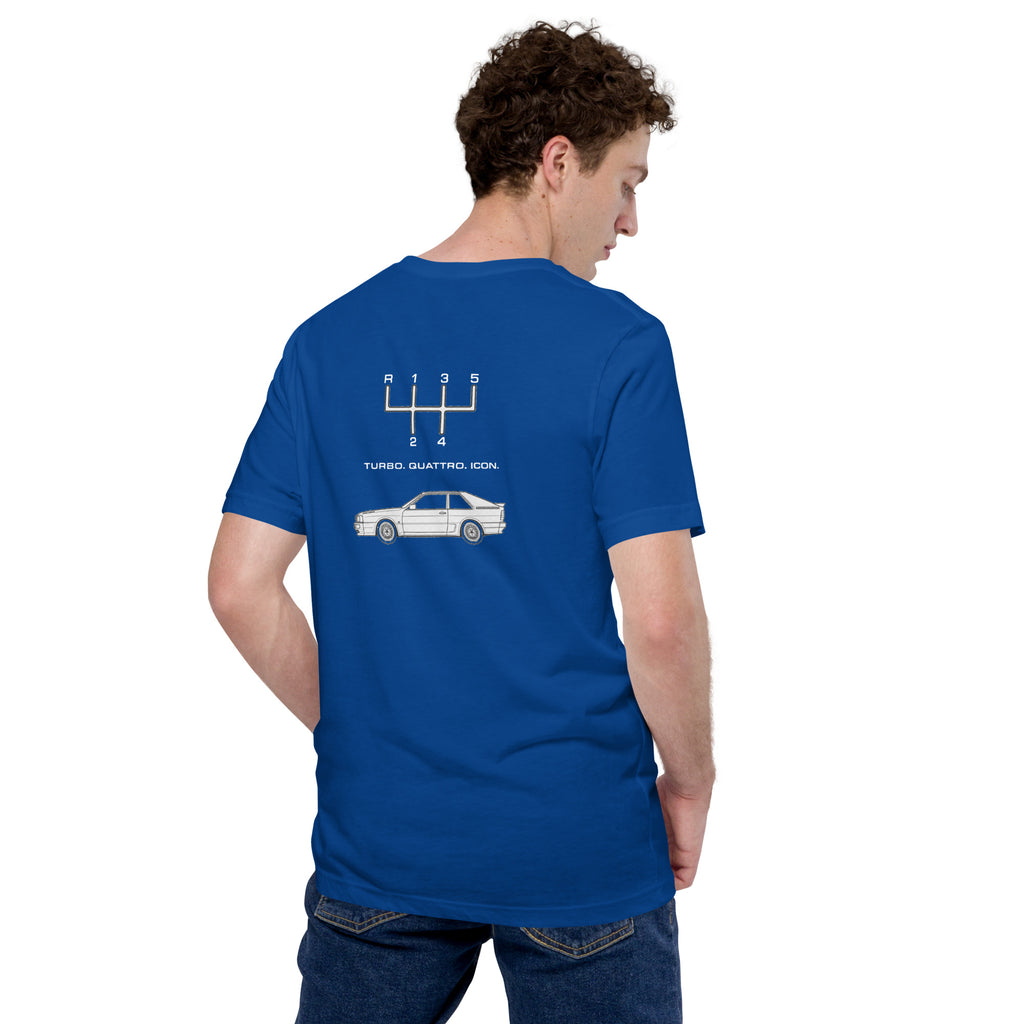Model wearing True Royal Audi Quattro T-shirt showing Turbo Quattro Icon automotive back graphic