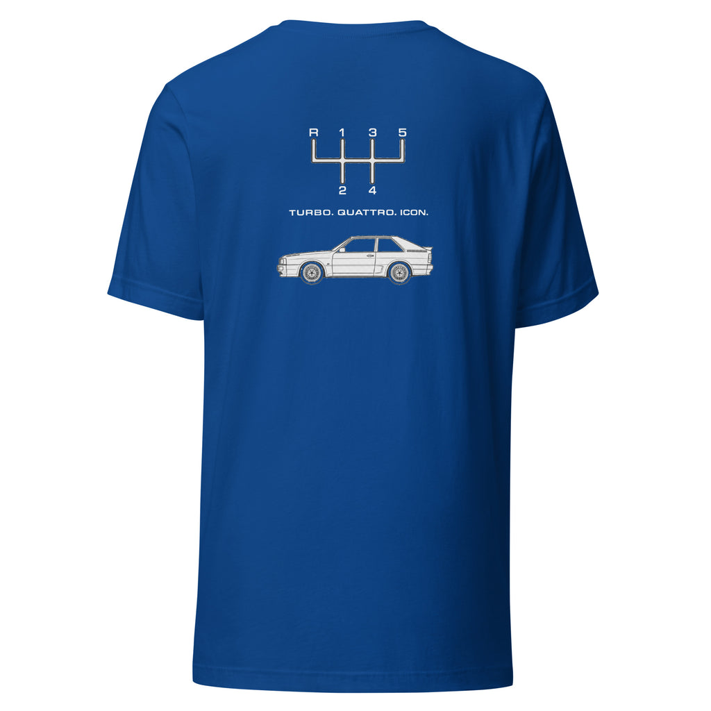 True Royal Audi Quattro T-shirt with classic Quattro car and 5-speed manual shift pattern back print