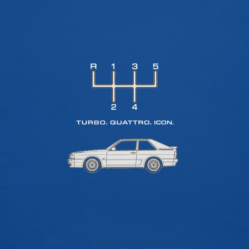 Close-up of True Royal Audi Quattro T-shirt back graphic with classic Quattro silhouette and manual shift pattern