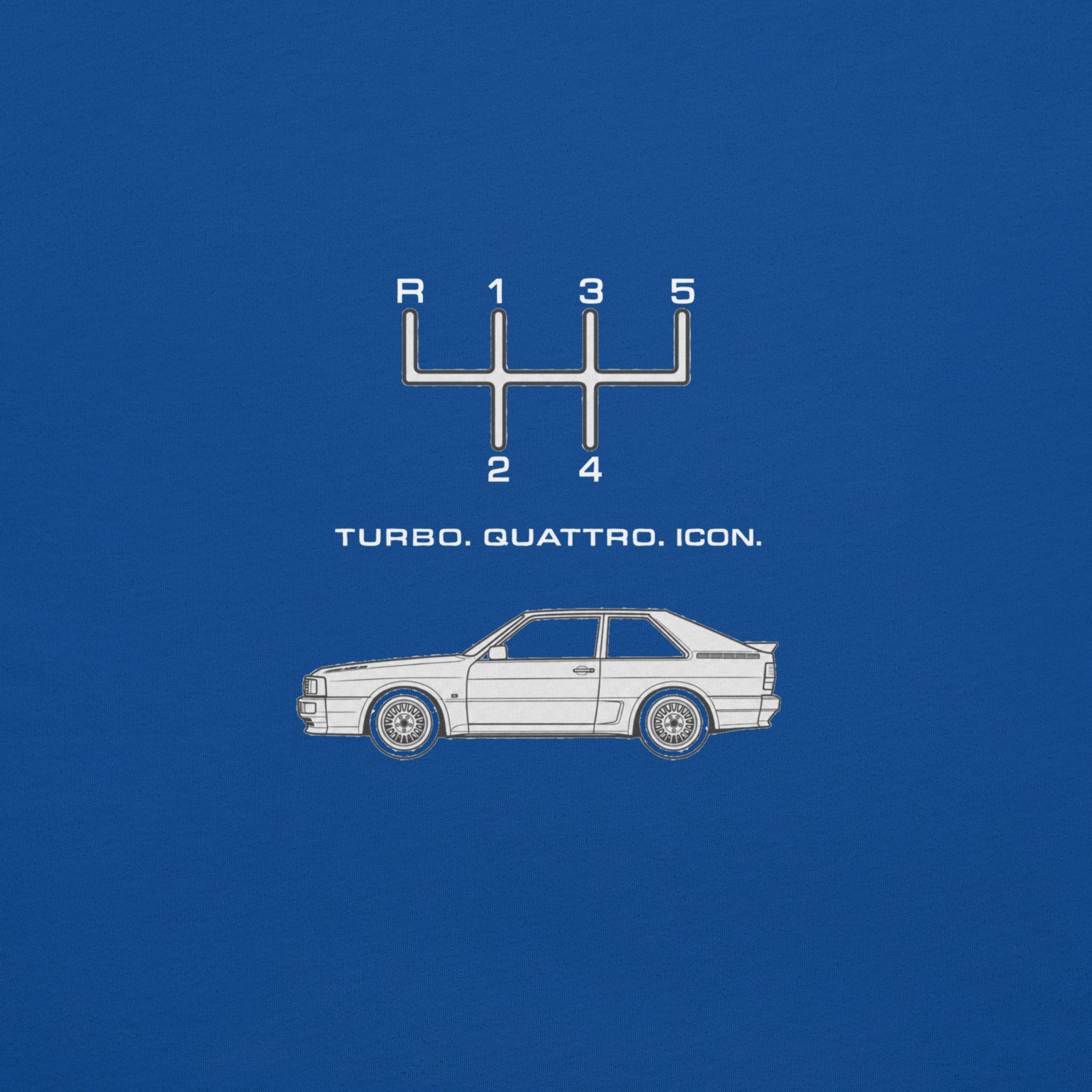 Close-up of True Royal Audi Quattro T-shirt back graphic with classic Quattro silhouette and manual shift pattern