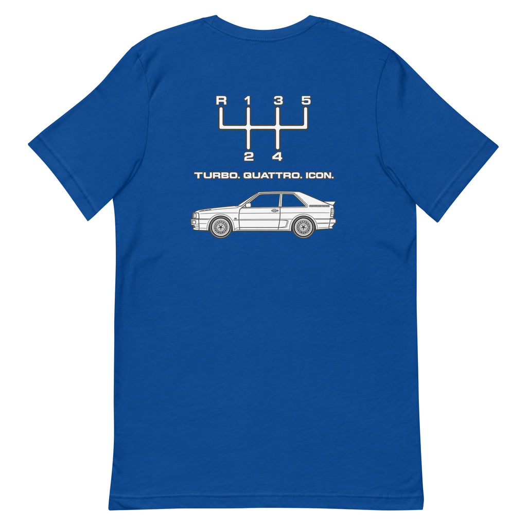 True Royal Audi Quattro Turbo Icon T-shirt showing the white rear graphic with manual shift pattern and classic coupe