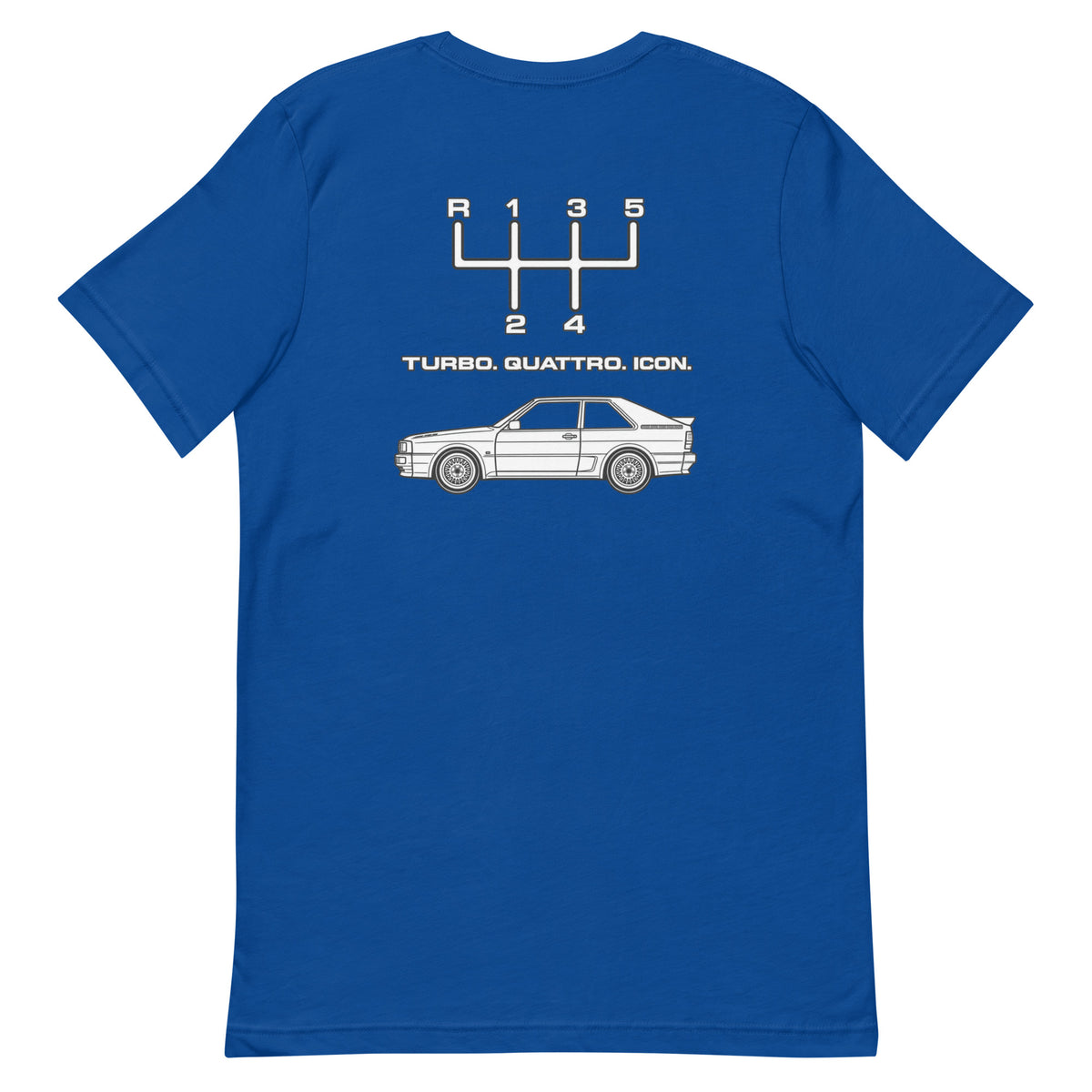 True Royal Audi Quattro Turbo Icon T-shirt showing the white rear graphic with manual shift pattern and classic coupe
