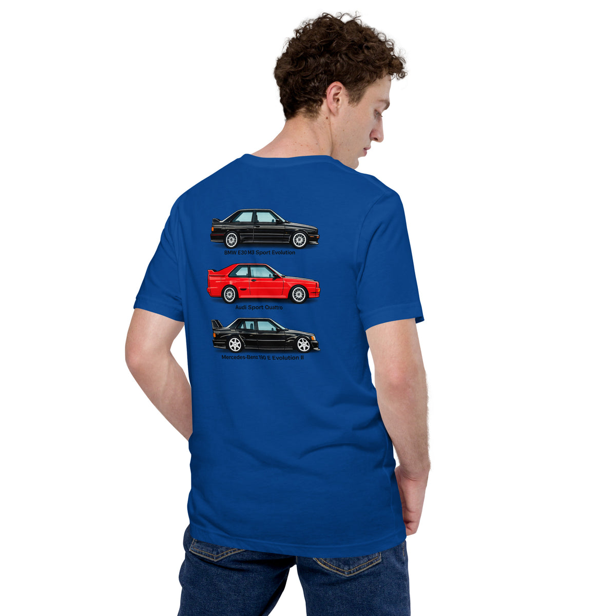 True Royal German Motorsport Legends T-shirt rear view with E30 M3, Audi Sport Quattro and Mercedes 190 E Evo II graphic