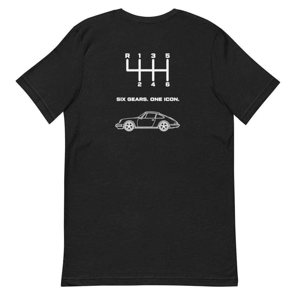 Black Porsche 911 T-shirt with six-speed manual shift pattern and 911 silhouette back print