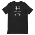 Black Porsche 911 T-shirt with six-speed manual shift pattern and 911 silhouette back print