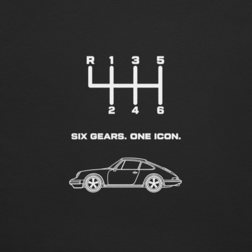 Porsche 911 manual transmission T-shirt graphic with six-speed shift pattern and Six Gears One Icon design