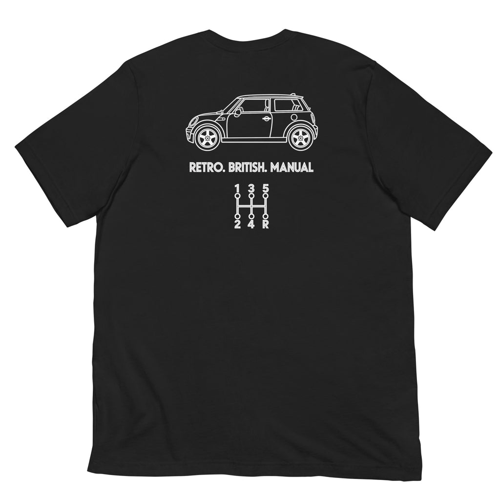 Black Mini Cooper manual T-shirt with white car silhouette and 5-speed shift pattern back print