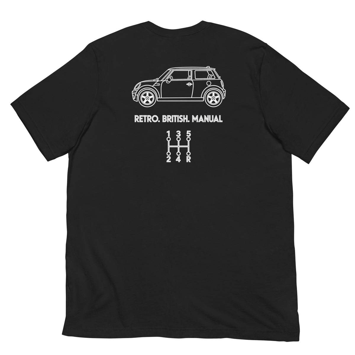 Black Mini Cooper manual T-shirt with white car silhouette and 5-speed shift pattern back print