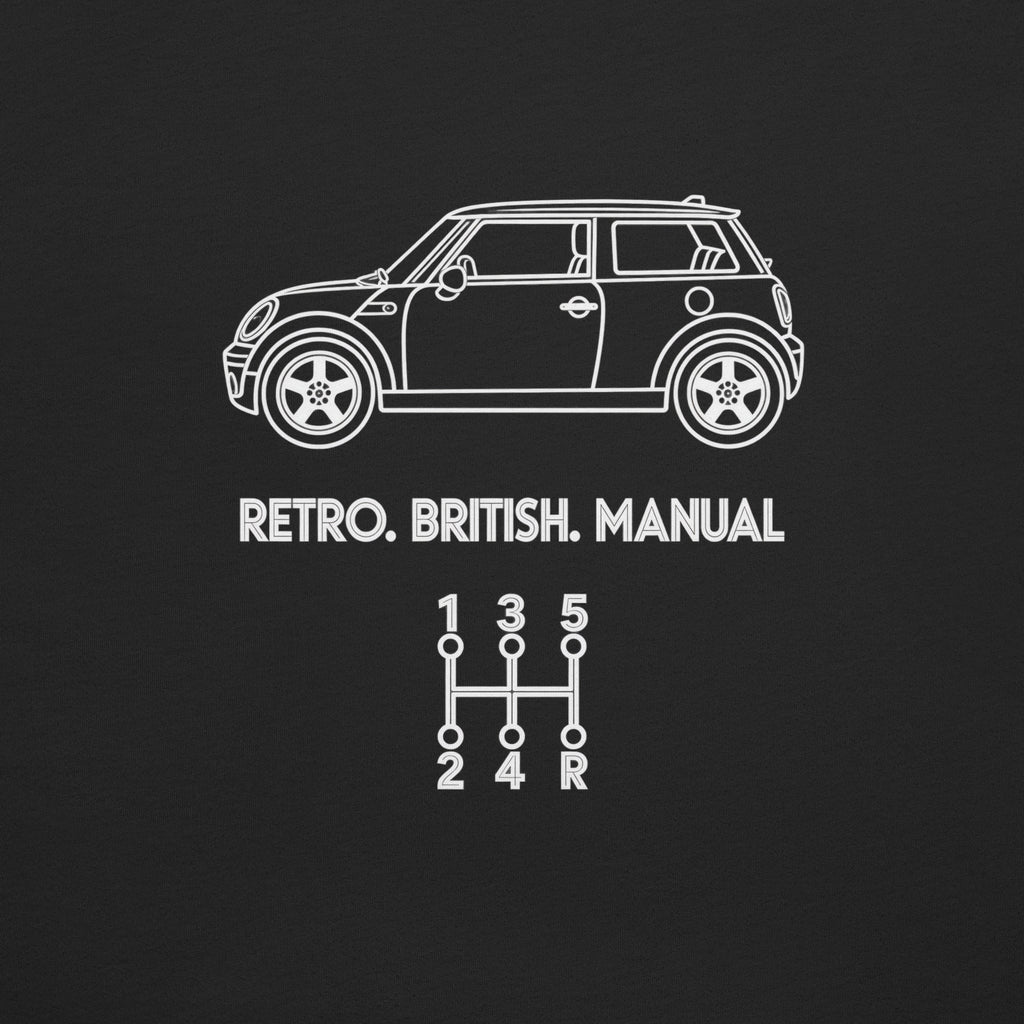 Retro British Manual Mini Cooper silhouette and 5-speed manual shift pattern graphic in white