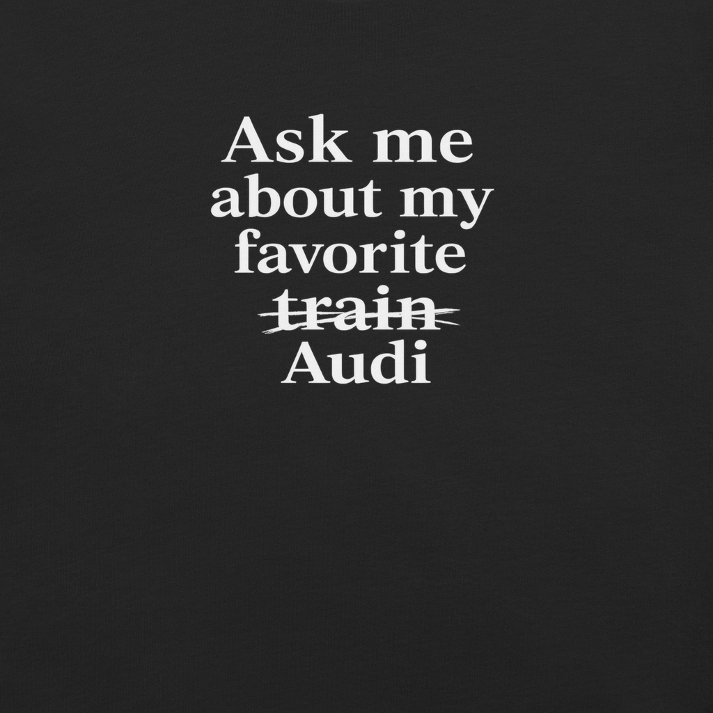 Vintage Black Audi T-shirt front view highlighting the crossed-out train typography graphic