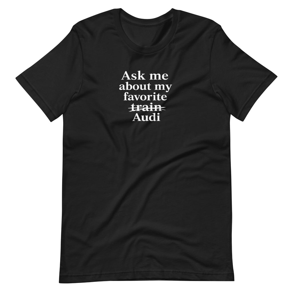 Vintage Black funny Audi T-shirt, front view showing crossed-out train and Audi typography print