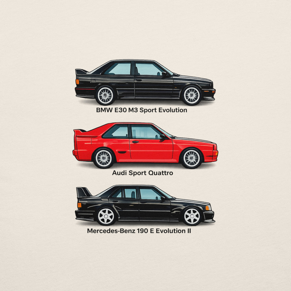 Detail of German Motorsport Legends artwork with E30 M3, Sport Quattro and Mercedes 190 E Evolution II
