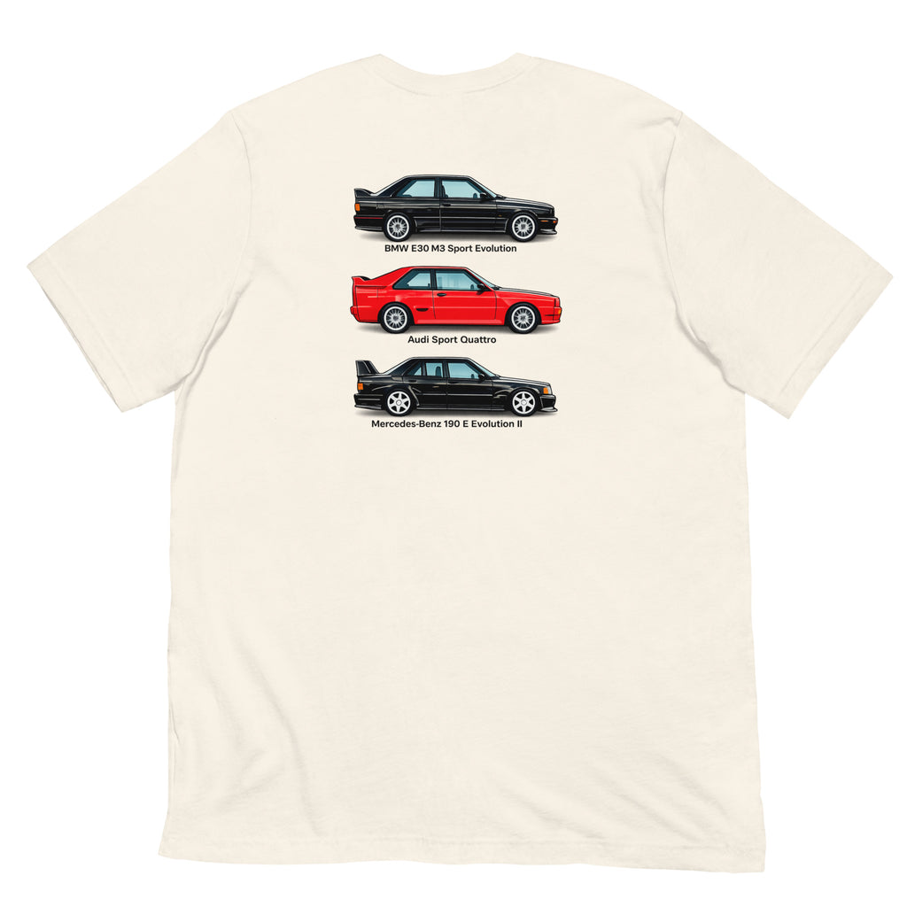 Vintage White German Motorsport Legends T-shirt with classic German performance car back graphic