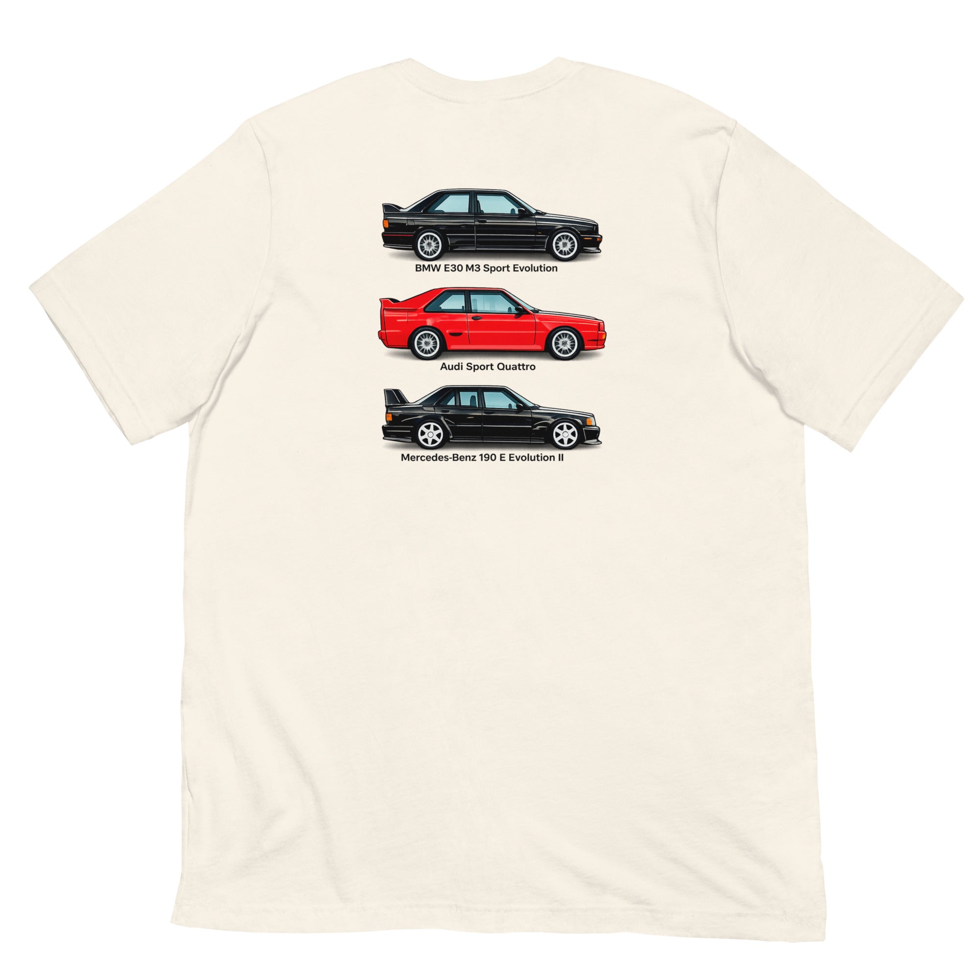 Vintage White German Motorsport Legends T-shirt with classic German performance car back graphic