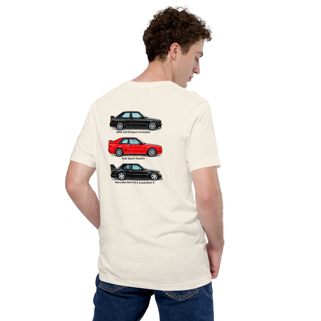 Model wearing Vintage White German Motorsport Legends T-shirt showing homologation-era back graphic