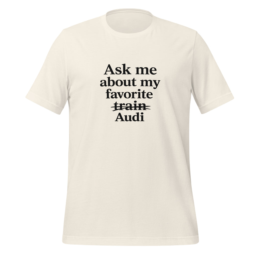 Front view of Vintage White funny Audi enthusiast T-shirt showing the crossed-out train typography design