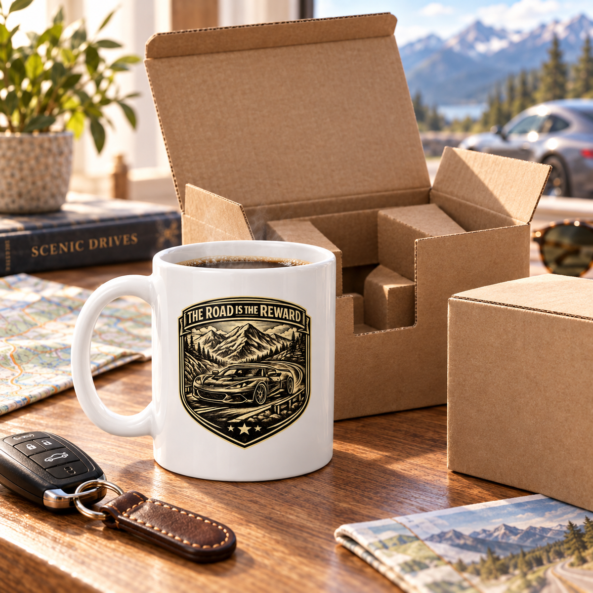 A white ceramic coffee mug with a black and gold mountain car graphic sits on a wooden table next to a key fob, with cardboard shipping boxes and a scenic mountain background.