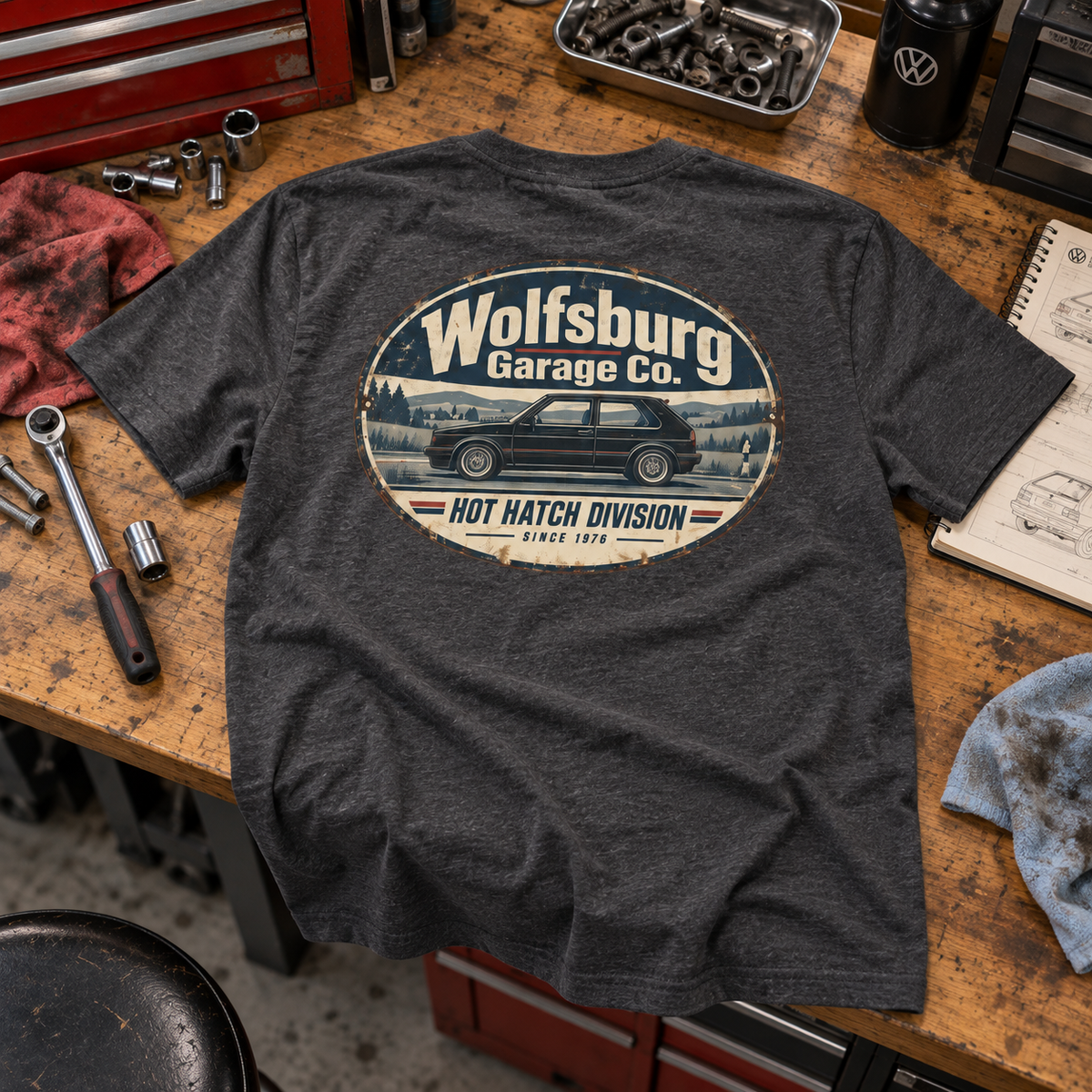 Dark Grey Heather Wolfsburg Garage Co. T-shirt laid flat across a mechanic's workbench with vintage Hot Hatch Division back artwork visible among tools