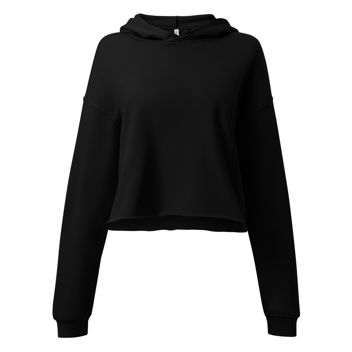 Front view of black Zwickau Garage Co. women’s cropped hoodie showing clean blank front and cropped raw hem.