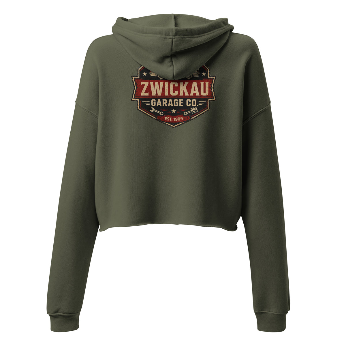 Back view of Military Green Zwickau Garage Co. women’s cropped hoodie showing vintage rally-inspired graphic.